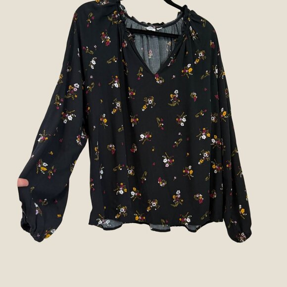 GAP Black Ruffled Neck Long Puffed Sleeve Micro Floral Print Blouse Size XL - Picture 2 of 9